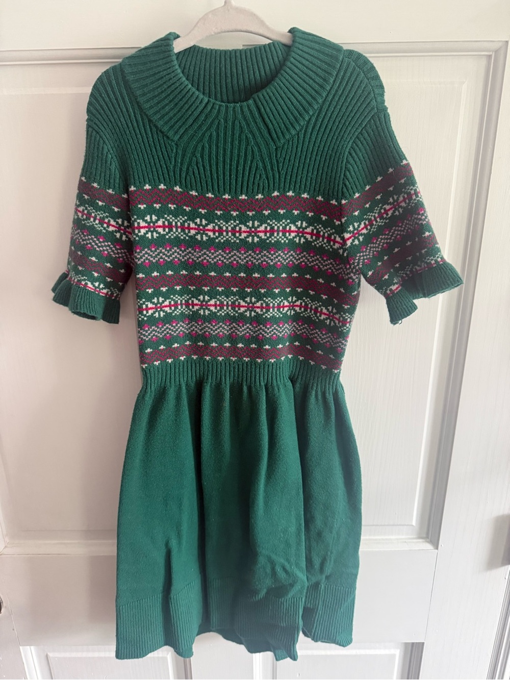 Girls' Green Fair Isle Knit Dress with Patterned Bodice